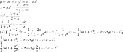 y=xz=y'=z+xz'\\ z+xz'=\dfrac{x+2xz}{2x-xz}\\ xz'=\dfrac{1+z^2}{2-z}\\ \dfrac{z-2}{1+z^2}dz=-\dfrac{dx}{x}\\ (*) \int \dfrac{z-2}{1+z^2}dz=\dfrac{1}{2}\int \dfrac{2z}{1+z^2}dz-2\int \dfrac{1}{1+z^2}dz=\dfrac{1}{2}ln(1+z^2)-2arctg(z)+C_1\\ \dfrac{1}{2}ln(1+z^2)-2arctg(z)+lnx=C\\ \dfrac{1}{2}ln(1+\dfrac{y^2}{x^2})-2arctg(\dfrac{y}{x})+lnx=C