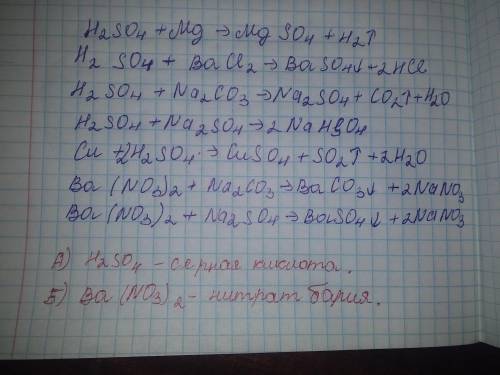 Записать уравнения возможных реакций а)серной кислоты, б) нитрата бария со следующими веществами: хл