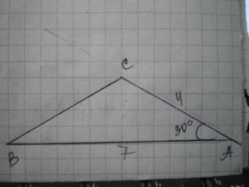 Знайти площу трикутника, сторони якого 4 см і 7 см а кут між ними 30