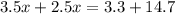 3.5x + 2.5x = 3.3 + 14.7