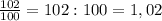 \frac{102}{100} =102:100=1,02