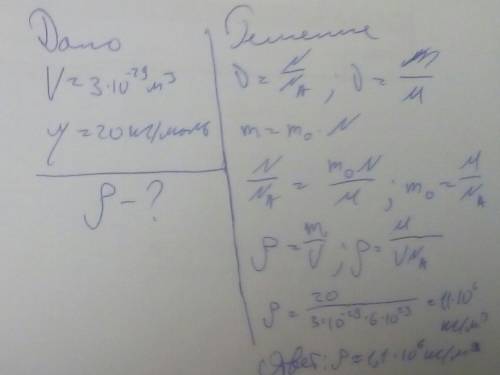 Объём, занимаемый одной молекулой тяжёлой воды V = 3*10-29 м3, её молярная масса μ = 20 кг/кмоль. На