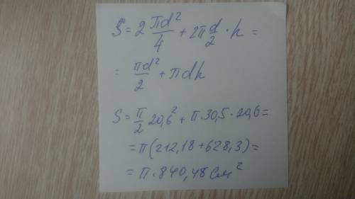 Найти полную поверхность цилиндра, у которого диаметр основания 20,6 см и высота 30,5 см.