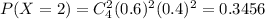 P(X=2)=C_4^2(0.6)^2(0.4)^2=0.3456