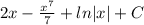 2x-\frac{x^7}{7}+ln|x|+C