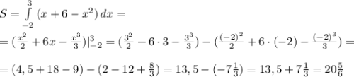 S = \int\limits^3_{-2} {(x + 6 - x^2)} \, dx = \\\\ = (\frac{x^2}{2} + 6x - \frac{x^3}{3} ) | ^3_{-2} = (\frac{3^2}{2} + 6 \cdot 3 - \frac{3^3}{3} ) - (\frac{(-2)^2}{2} + 6 \cdot (-2) - \frac{(-2)^3}{3} ) = \\\\ = (4,5 + 18 - 9) - (2 - 12 + \frac{8}{3} ) = 13,5 - (-7\frac{1}{3} ) = 13,5 + 7\frac{1}{3} = 20\frac{5}{6}