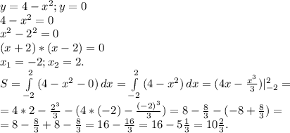 y=4-x^2;y=0\\4-x^2=0\\x^2-2^2=0\\(x+2)*(x-2)=0\\x_1=-2;x_2=2.\\S=\int\limits^2_{-2} {(4-x^2-0)} \, dx=\int\limits^2_{-2} {(4-x^2)} \, dx=(4x-\frac{x^3}{3})|_{-2}^2=\\=4*2-\frac{2^3}{3}-(4*(-2)-\frac{(-2)^3}{3})=8-\frac{8}{3} -(-8+\frac{8}{3})=\\ =8-\frac{8}{3} +8-\frac{8}{3} =16-\frac{16}{3}=16-5\frac{1}{3}=10\frac{2}{3}.