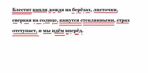 1. Сделайте синтаксический разбор предложения. Блестят капли дождя на берёзах, листочки, сверкая на