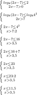 \left \{ {{ log_4(2x - 7) \leq 2} \atop {2x - 7 0}} \right. \\\\\left \{ {{ log_4(2x - 7) \leq log_4 4^2} \atop {2x 7 }} \right.\\\\\left \{ {{ 2x - 7\leq 4^2} \atop {x 7 : 2}} \right\\\\\left \{ {{ 2x - 7\leq 16} \atop {x 3,5}} \right\\\\\left \{ {{ 2x \leq 16 + 7} \atop {x 3,5}} \right\\\\\left \{ {{ 2x \leq 23} \atop {x 3,5}} \right\\\\\left \{ {{ x \leq 23 : 2} \atop {x 3,5}} \right\\\\\left \{ {{ x \leq 11,5} \atop {x 3,5}} \right