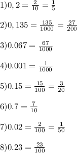 1)0,2=\frac{2}{10}=\frac{1}{5}\\\\ 2)0,135=\frac{135}{1000}=\frac{27}{200}\\\\ 3)0.067=\frac{67}{1000}\\\\ 4)0.001=\frac{1}{1000}\\\\ 5)0.15=\frac{15}{100}=\frac{3}{20}\\\\ 6)0.7=\frac{7}{10}\\\\ 7)0.02=\frac{2}{100}=\frac{1}{50}\\\\ 8)0.23=\frac{23}{100}