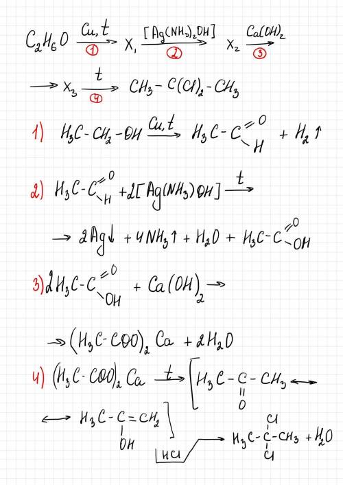 C2H6O---cu,t---x1--[Ag(NH3)2OH]x2---Ca(OH)2x3--t--CH3-C(Cl2)-CH3