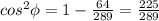 cos^2\phi=1-\frac{64}{289} =\frac{225}{289}