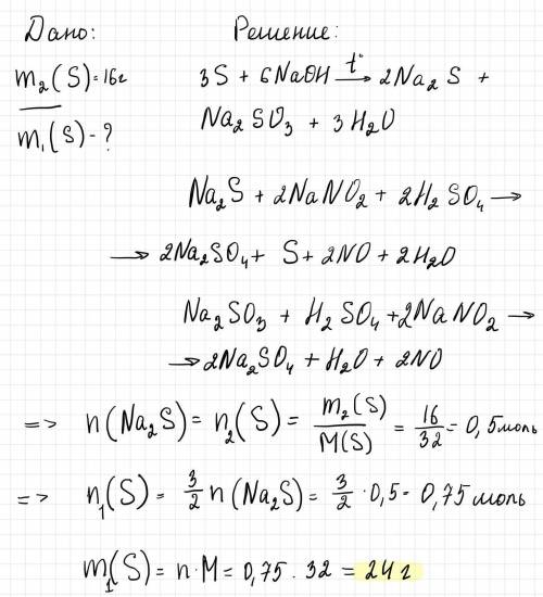 Какая масса серы была в граммах растворенна в горячем растворе NaOH, если после подкисления продукто