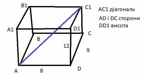 Якщо виміри прямокутного паралелепіпеда дорівнюють 8 , 9 і 12 см, то скільки дорівнює його діагональ