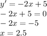 y'=-2x+5\\-2x+5=0\\-2x=-5\\x=2.5