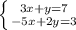 \left \{ {{3x+y=7} \atop {-5x+2y=3}} \right.