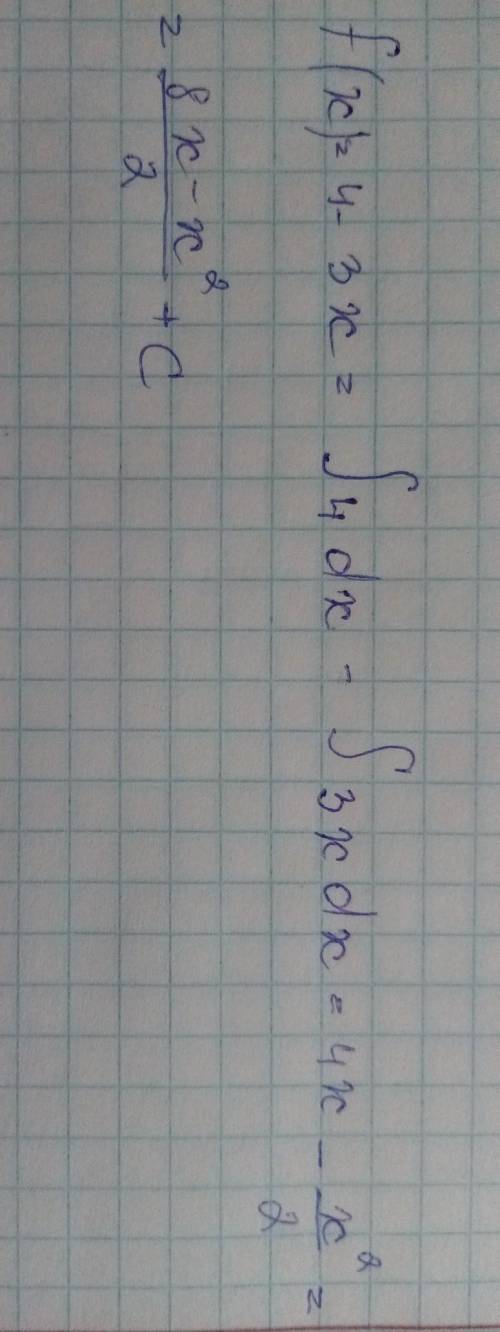 Определить общий вид первообразной: f(x)=4-3x над​