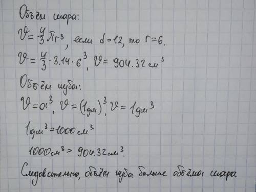 Какое тело имеет больший объем шар с d = 12 см или куб с ребром 1 дм?