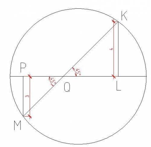 У колі проведено хорду МК, яка перетинає діаметр кола під кутом 450. Відстані від кінців хорди до ць