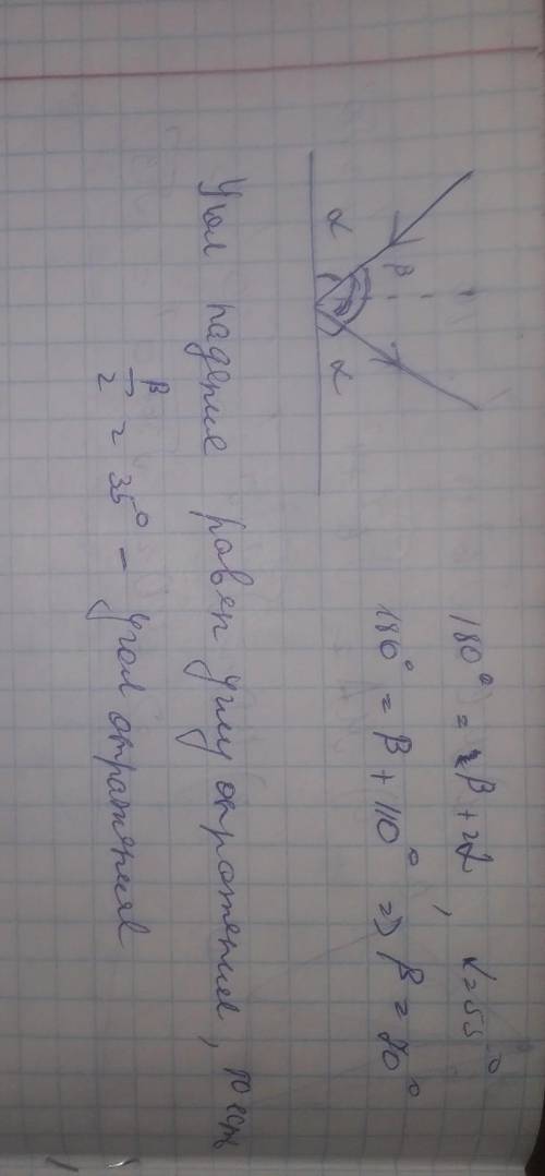 Луч света падает на стол под углом 55° к его поверхности. Чему равен угол между падающим и отраженны