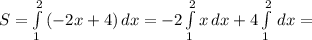 S = \int\limits^2_1 {(-2x+4)} \, dx =-2\int\limits^2_1 {x} \, dx +4\int\limits^2_1 {} \, dx =