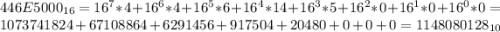 446E5000_{16}=16^7*4+16^6*4+16^5*6+16^4*14+16^3*5+16^2*0+16^1*0+16^0*0=1073741824+67108864+6291456+917504+20480+0+0+0=1148080128_{10}