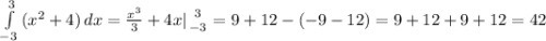 \int\limits^3_{-3} {(x^{2}+4) } \, dx = \frac{x^{3} }{3} +4x | {{3} \atop {-3}} =9+12-(-9-12)=9+12+9+12=42