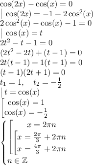 \cos (2x)- \cos(x) = 0\\\big |\: \cos (2x) = -1+2\cos^2(x)\\2\cos ^2(x) - \cos (x) -1= 0\\\big |\: \cos \left(x\right)=t\\2t^2-t-1 = 0\\(2t^2-2t) + (t-1) = 0\\2t(t-1)+1(t-1)=0\\(t-1)(2t+1)=0\\t_1 = 1, \quad t_2 = -\frac{1}{2} \\\big | \: t=\cos (x)\\\begin {bmatrix} \cos (x)=1 \\ \cos (x)= -\frac{1}{2} \end. \\\begin {cases} \begin {bmatrix} x=2\pi n \\ \begin {bmatrix} x=\frac{2\pi }{3}+2\pi n \\ x=\frac{4\pi }{3}+2\pi n \end. \end. \\ n \in \mathbb{Z} \end.