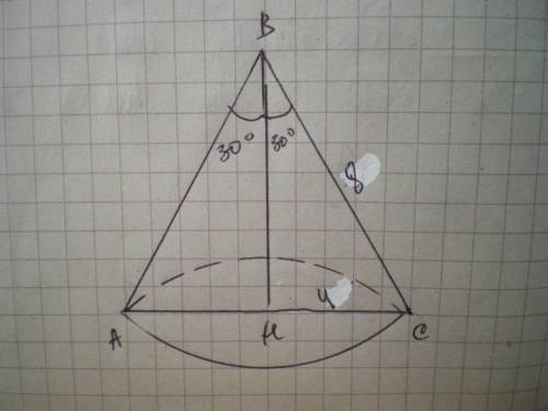 Образующая конуса равна 8 см. В осевом сечении угол между образующими равен 60. Найти радиус основан