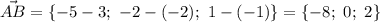 \vec{AB}=\{-5-3;\ -2-(-2);\ 1-(-1)\}=\{-8;\ 0;\ 2\}