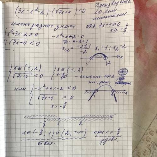 Решите неравенство: (3 x−x 2−2) √7 x+4<0