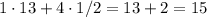 1 \cdot 13 + 4 \cdot 1 / 2 = 13+2 = 15