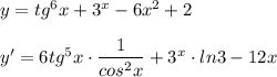 y=tg^6x+3^{x}-6x^2+2\\\\y'=6tg^5x\cdot \dfrac{1}{cos^2x}+3^{x}\cdot ln3-12x