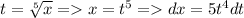 t=\sqrt[5]{x} = x=t^5 = dx = 5t^4dt