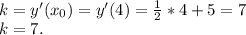 \\ k = y'(x_{0} ) = y'(4 ) = \frac{1}{2} *4 + 5 = 7\\ k = 7.