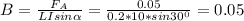 B=\frac{F_A}{LIsin\alpha } =\frac{0.05}{0.2*10*sin30^0}=0.05