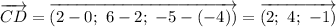 \overrightarrow{CD} = \overrightarrow{(2 - 0; \ 6 - 2; \ -5 - (-4))} = \overrightarrow{(2; \ 4; \ -1)}