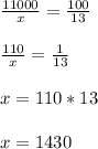 \frac{11000}{x} = \frac{100}{13} \\ \\ \frac{110}{x} = \frac{1}{13} \\ \\ x = 110 * 13\\ \\ x = 1430