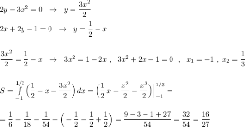 2y-3x^2=0\ \ \to \ \ y=\dfrac{3x^2}{2}\\\\2x+2y-1=0\ \ \to \ \ y=\dfrac{1}{2}-x\\\\\\\dfrac{3x^2}{2}=\dfrac{1}{2}-x\ \ \to \ \ 3x^2=1-2x\ ,\ \ 3x^2+2x-1=0\ \ ,\ \ x_1=-1\ ,\ x_2=\dfrac{1}{3}\\\\\\S=\int \limits _{-1}^{1/3}\Big(\dfrac{1}{2}-x-\dfrac{3x^2}{2}\Big)\, dx=\Big(\dfrac{1}{2}\, x-\dfrac{x^2}{2}-\dfrac{x^3}{2}\Big)\Big|_{-1}^{1/3}=\\\\\\=\dfrac{1}{6}-\dfrac{1}{18}-\dfrac{1}{54}-\Big(-\dfrac{1}{2}-\dfrac{1}{2}+\dfrac{1}{2}\Big)=\dfrac{9-3-1+27}{54}=\dfrac{32}{54}=\dfrac{16}{27}