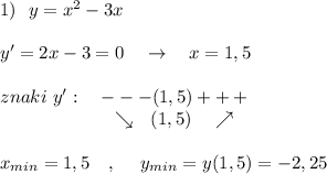 1)\ \ y=x^2-3x\\\\y'=2x-3=0\ \ \ \to \ \ \ x=1,5\\\\znaki\ y':\ \ \ ---(1,5)+++\\{}\qquad \qquad \qquad \searrow \ \ (1,5)\ \ \ \nearrow\\\\x_{min}=1,5\ \ \ ,\ \ \ \ y_{min}=y(1,5)=-2,25