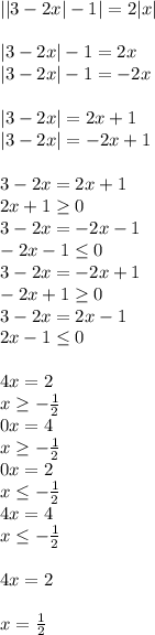 ||3-2x|-1|=2|x|\\\\|3-2x|-1=2x\\|3-2x|-1=-2x\\\\|3-2x|=2x+1\\|3-2x|=-2x+1\\\\3-2x=2x+1\\2x+1\geq0\\3-2x=-2x-1\\-2x-1\leq0\\3-2x=-2x+1\\-2x+1\geq0\\3-2x=2x-1\\2x-1\leq0\\\\4x=2\\x\geq-\frac{1}{2}\\0x=4\\x\geq-\frac{1}{2}\\0x=2\\x\leq-\frac{1}{2}\\4x=4\\x\leq-\frac{1}{2}\\\\4x=2\\\\x=\frac{1}{2}\\