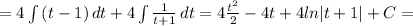 =4\int{(t -1) } \, dt+4\int{\frac{1}{t +1 } \, dt=4\frac{t^2}{2} -4t+4ln|t+1|+C=