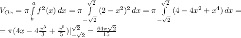 V_{Ox}=\pi \int\limits^a_b {f^2(x)} \, dx=\pi \int\limits^{\sqrt{2}}_{-\sqrt{2}} {(2-x^2)^2} \, dx=\pi \int\limits^{\sqrt{2}}_{-\sqrt{2}} {(4-4x^2+x^4)} \, dx=\\\\=\pi (4x-4\frac{x^3}{3}+\frac{x^5}{5} )|^{\sqrt{2}}_{-\sqrt{2}}=\frac{64\pi\sqrt{2} }{15}