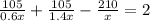 \frac{105}{0.6x} + \frac{105}{1.4x} - \frac{210}{x} = 2