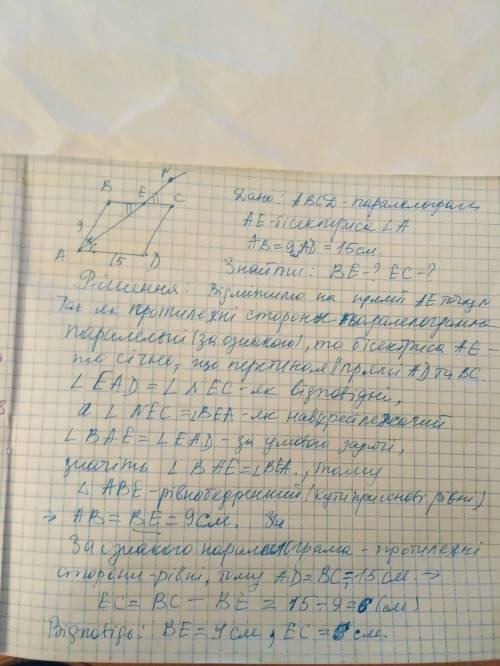 В паралелограмі АВCD проведено бісектрису кута А, яка перетинає сторону ВС вточці Е. Чому дорівнюють