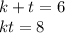 k+t=6\\kt=8