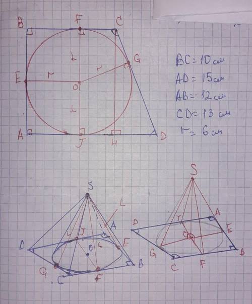 В прямоугольной трапеции основания равны 10 см и 15 см.Расстояние от некоторой точки до плоскости тр