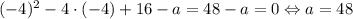 (-4)^2-4\cdot(-4)+16-a=48-a=0\Leftrightarrow a=48