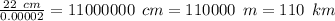 \frac{22\: \: cm}{0.00002} =11000000 \: \: cm =110000 \: \: m=110 \: \: km