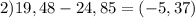 2) 19,48-24,85=(-5,37)